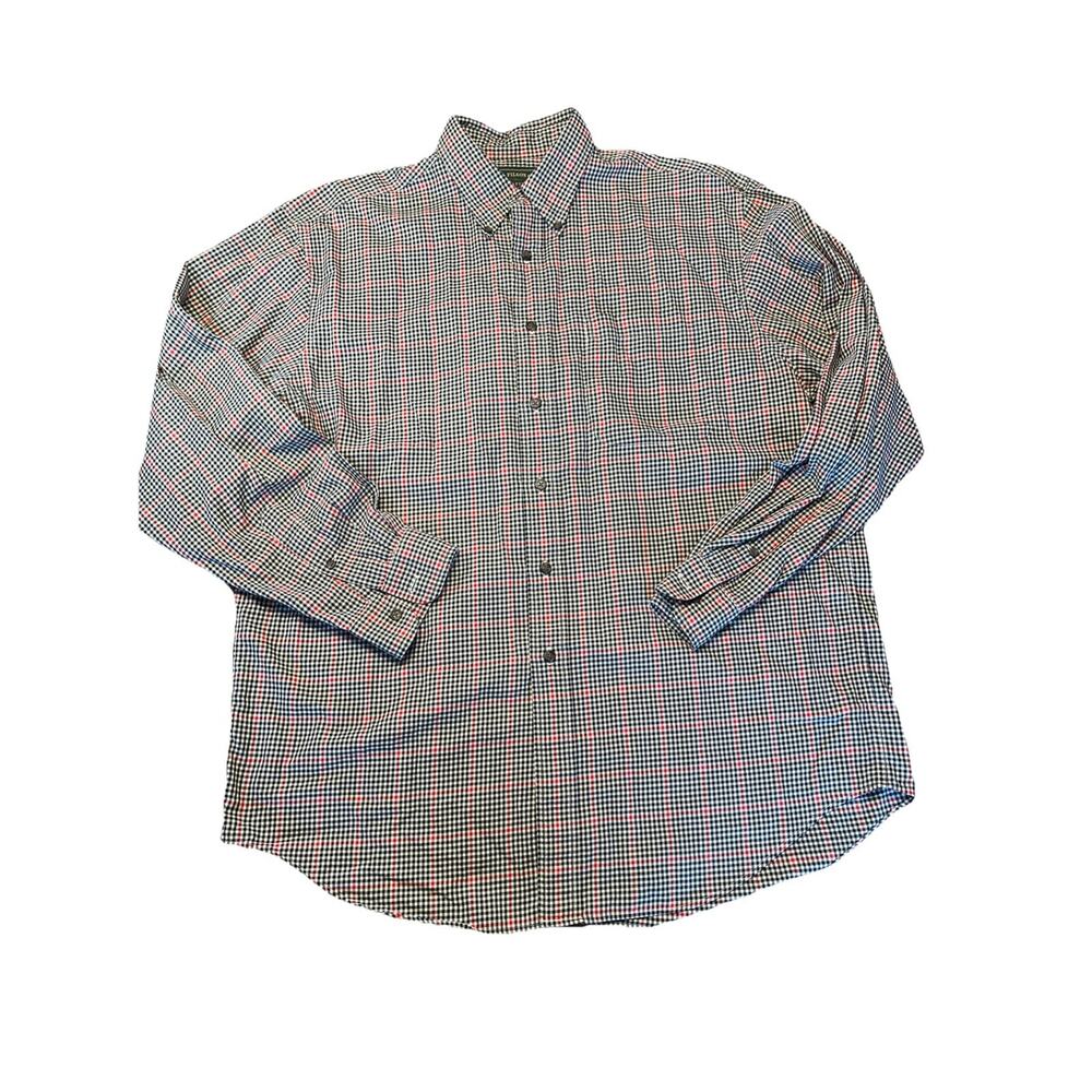 CC Filson Men's Size Large Button Down Black Tan Checked Plaid Button Shirt